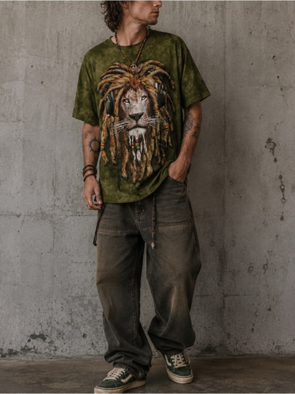 The Mountain Green Rasta Lion T-Shirt Bob Marley Reggae Short Sleeve Oversized
